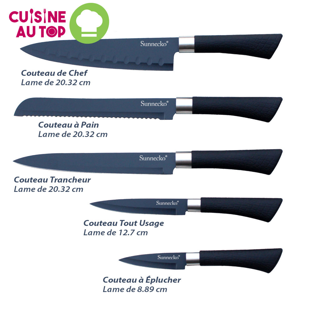 Lot 5 couteaux de cuisine assortis : couteau de chef, pain, viande