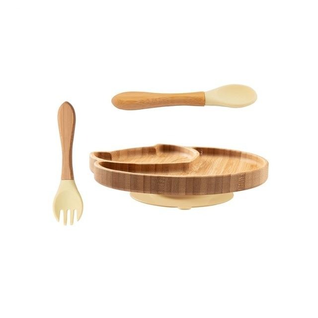 Assiette Bébé bois de bambou avec Fourchette et Cuillère – CUISINE AU TOP