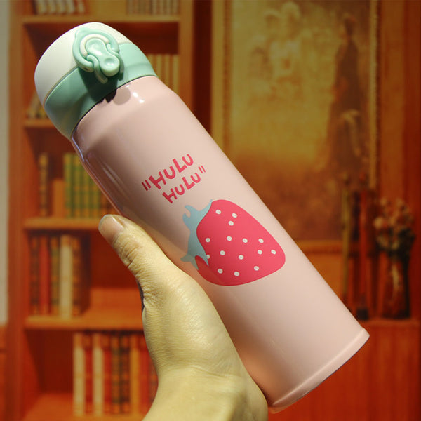 Thermos vert et rose avec dessin de fraise