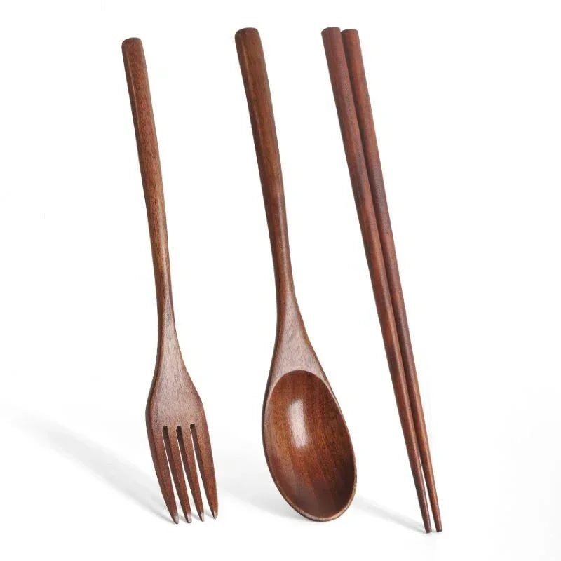 Couverts en bois réutilisables - Fourchette, cuillère et baguettes