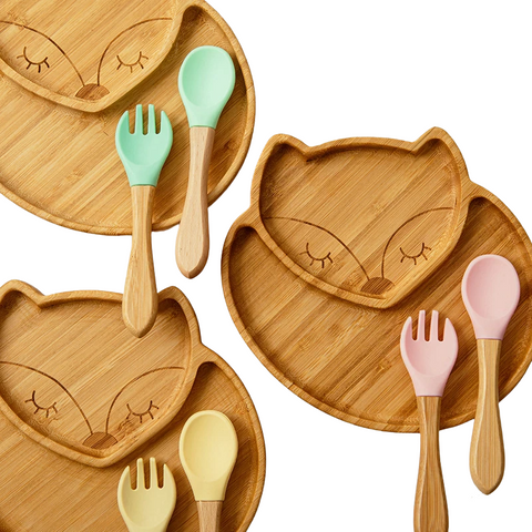 Vaisselle pour enfants dauphin, assiette et cuillère en bambou, couverts  d'apprentissage assiettes avec compartiment, avec ventouse, bambou :  style assiette et cuillère dauphin