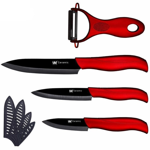 Ensemble de 3 Couteaux Céramique + Épluche-légumes (couleur Rouge et Noir)