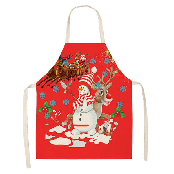 Tablier de cuisine lin - Déco Noël bonhomme de neige, renne et traîneau père Noël