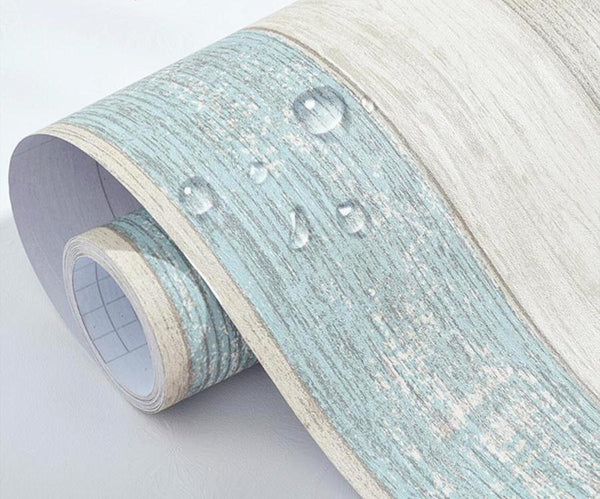 Papier adhésif bois vintage rayures bleu, blanc et gris